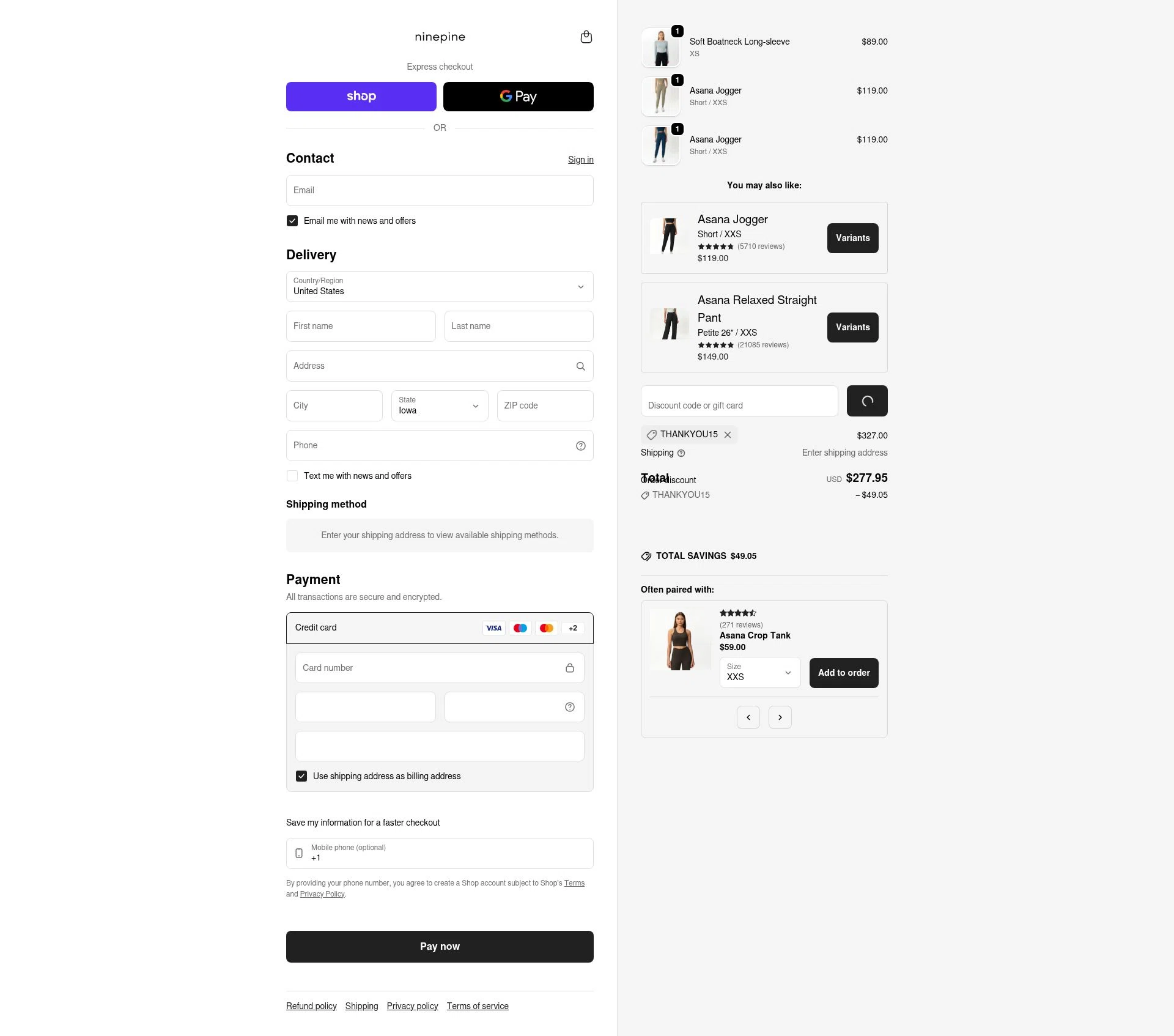 Ninepine checkout page showing Ninepine discount code box | Screenshot taken by SimplyCodes community member on Feb 16, 2026
