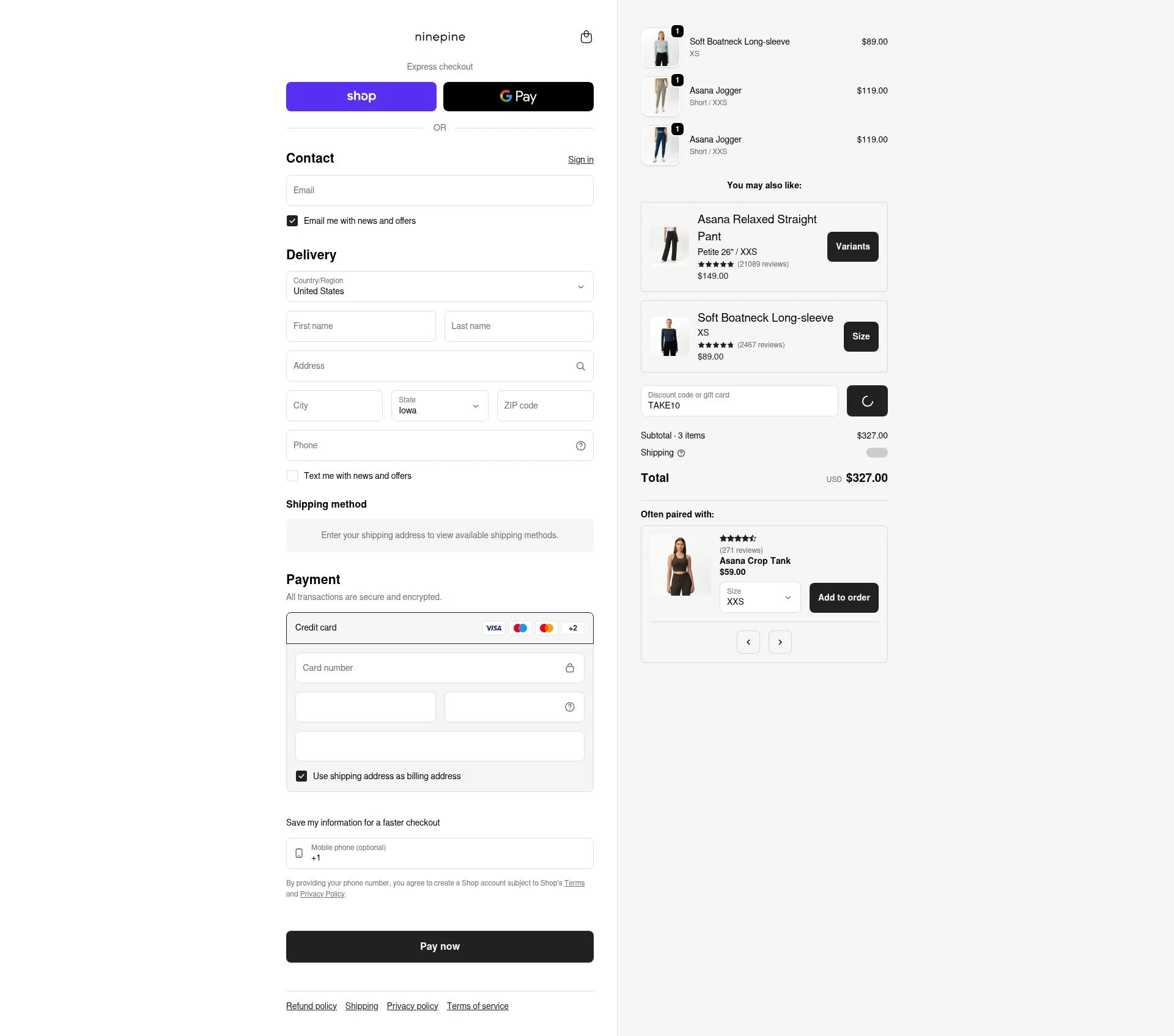Ninepine checkout page showing Ninepine discount code box | Screenshot taken by SimplyCodes community member on Feb 16, 2026