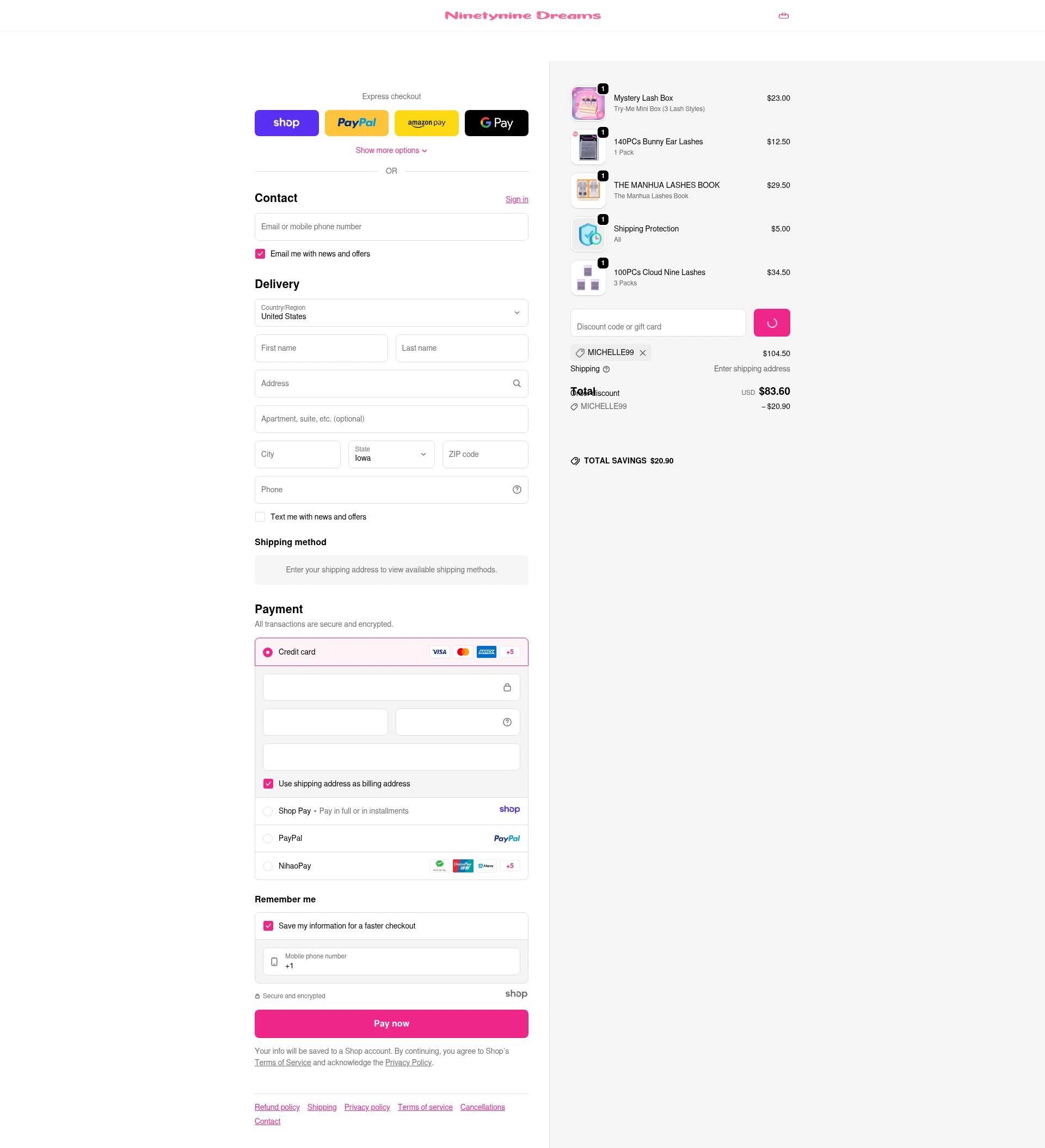 Ninetynine Dreams checkout page showing Ninetynine Dreams discount code box | Screenshot taken by SimplyCodes community member on Jan 6, 2026