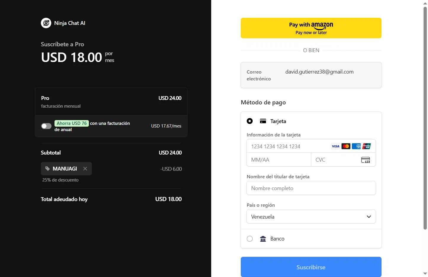 Ninjachat.ai checkout page showing Ninjachat.ai promo code box | Screenshot taken by SimplyCodes community member on Nov 26, 2025