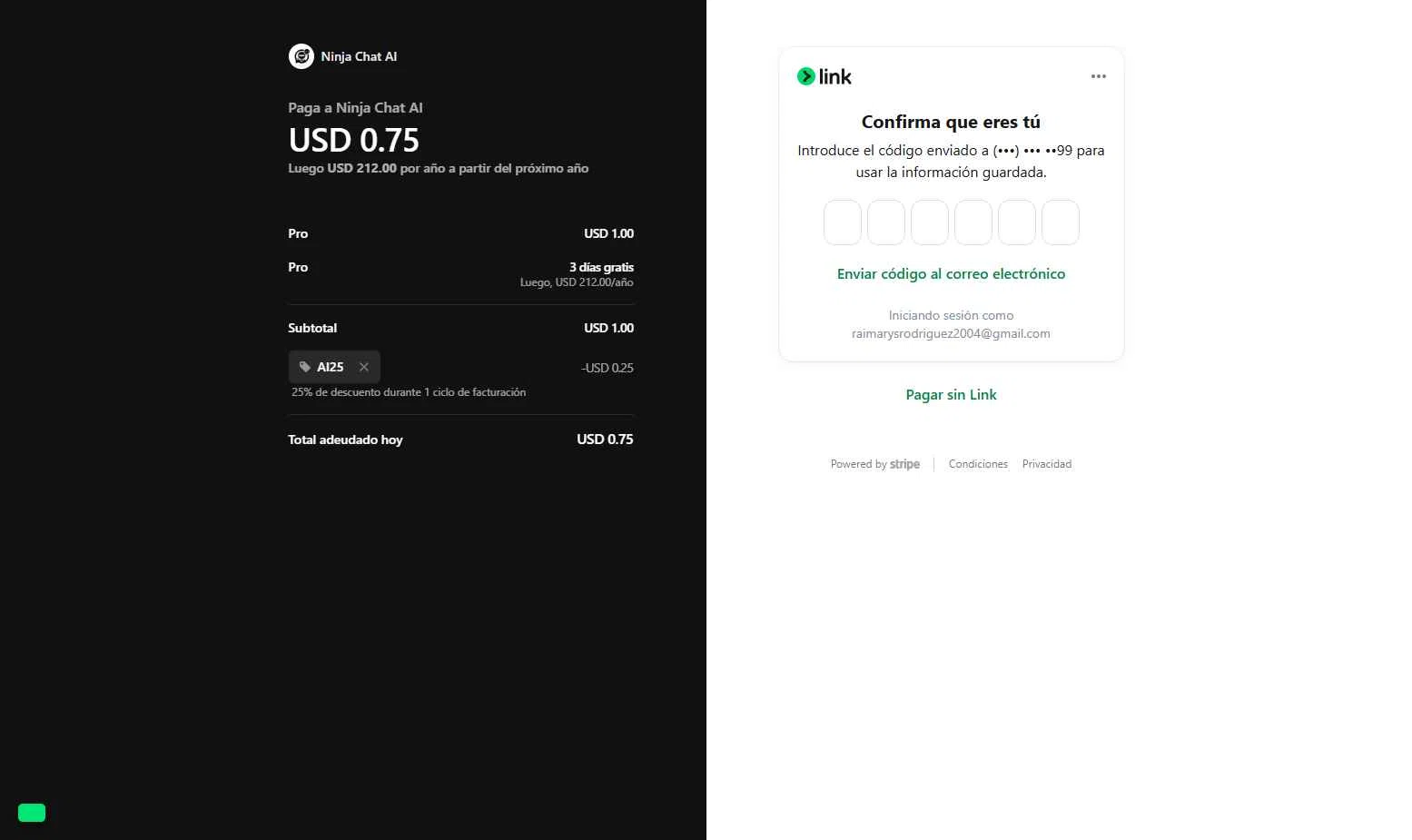 Ninjachat.ai checkout page showing Ninjachat.ai promo code box | Screenshot taken by SimplyCodes community member on Jan 2, 2026