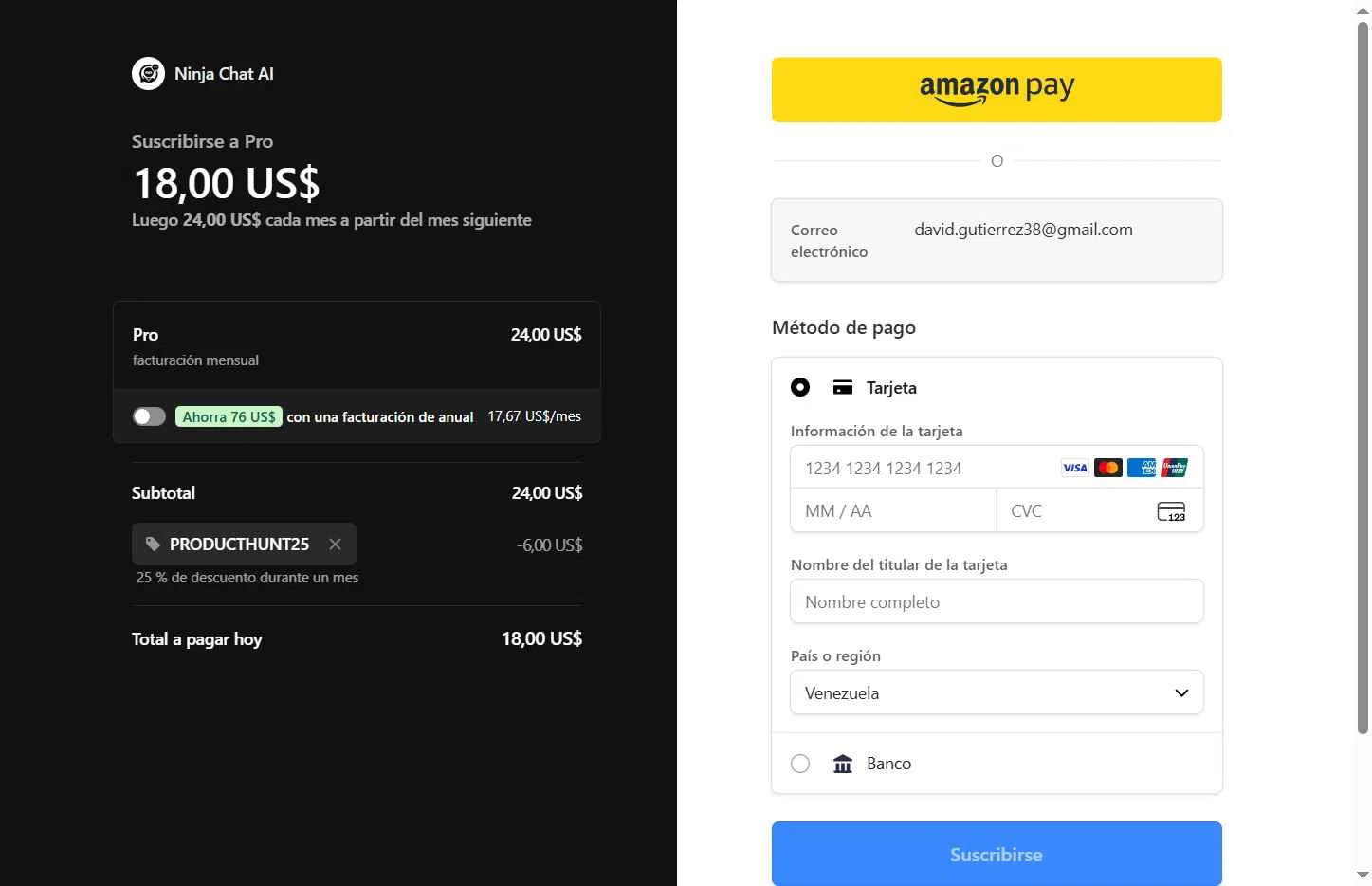 Ninjachat.ai checkout page showing Ninjachat.ai promo code box | Screenshot taken by SimplyCodes community member on Nov 26, 2025
