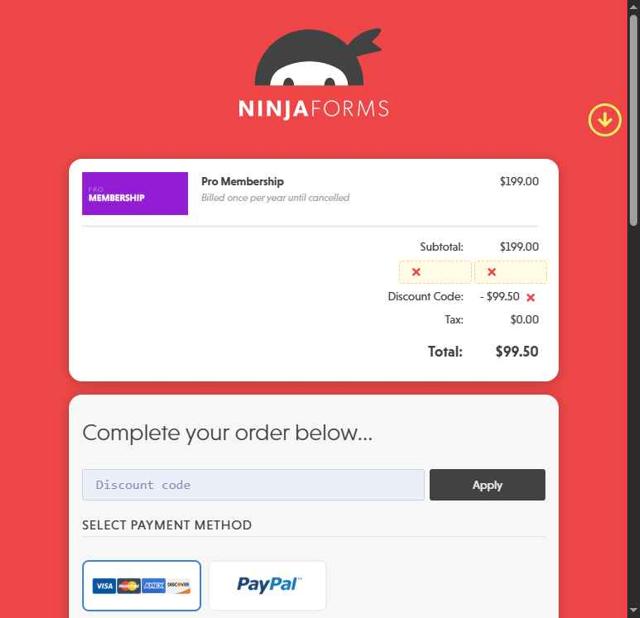 Ninja Forms checkout page showing Ninja Forms promo code box | Screenshot taken by SimplyCodes community member on Jun 20, 2025
