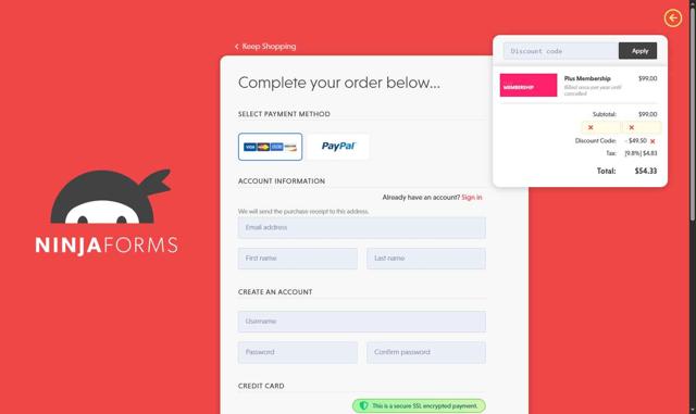 Ninja Forms checkout page showing Ninja Forms promo code box | Screenshot taken by SimplyCodes community member on Jun 3, 2025