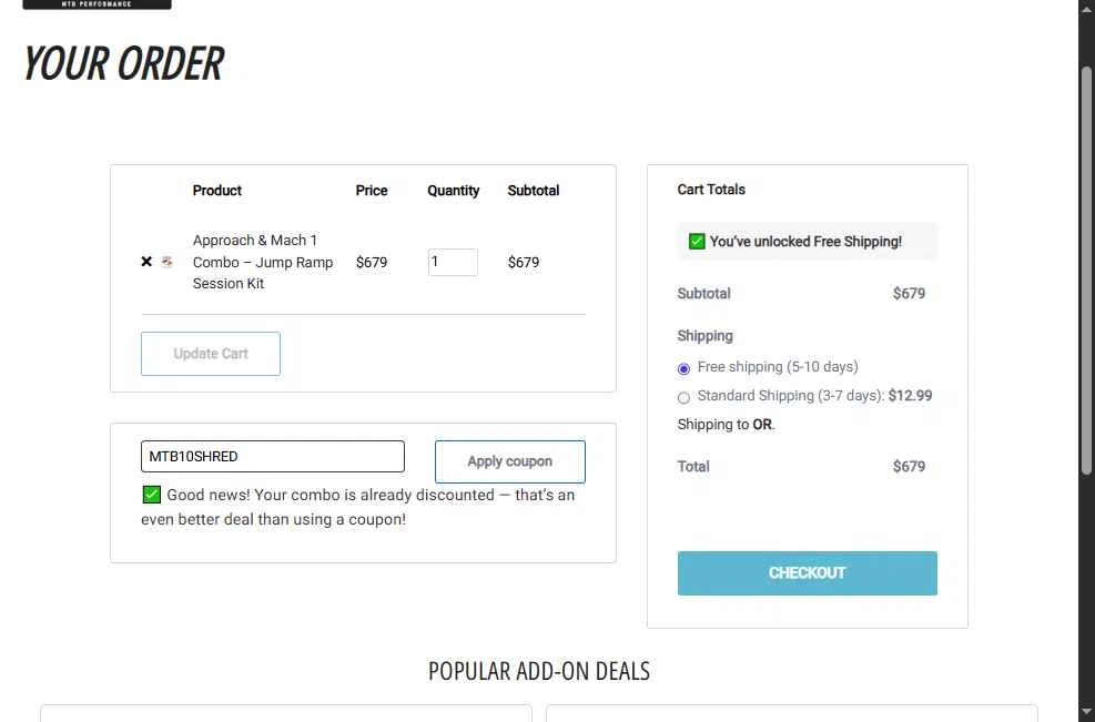 Ninja Mountain Bike Performance checkout page showing Ninja Mountain Bike Performance promo code box | Screenshot taken by SimplyCodes community member on Dec 24, 2025