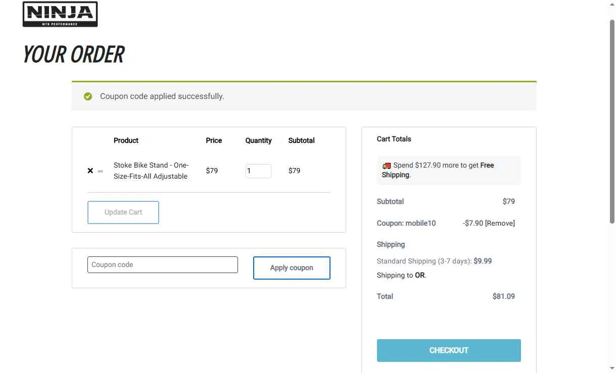 Ninja Mountain Bike Performance checkout page showing Ninja Mountain Bike Performance promo code box | Screenshot taken by SimplyCodes community member on Dec 30, 2025