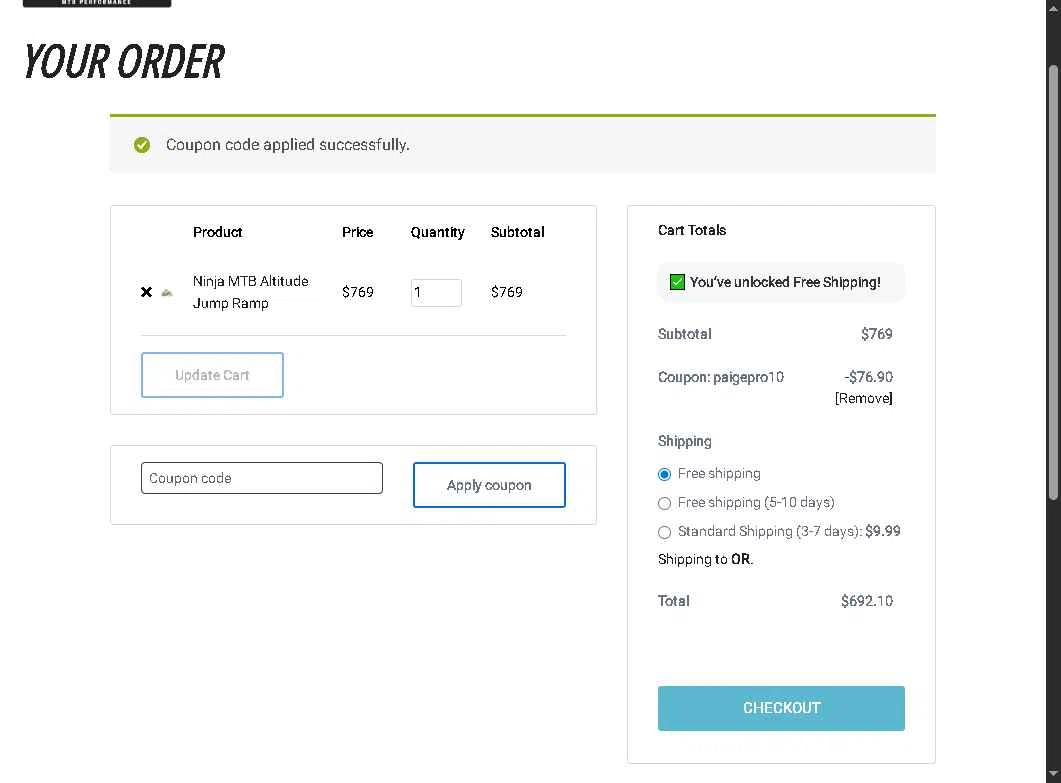Ninja Mountain Bike Performance checkout page showing Ninja Mountain Bike Performance promo code box | Screenshot taken by SimplyCodes community member on Dec 30, 2025