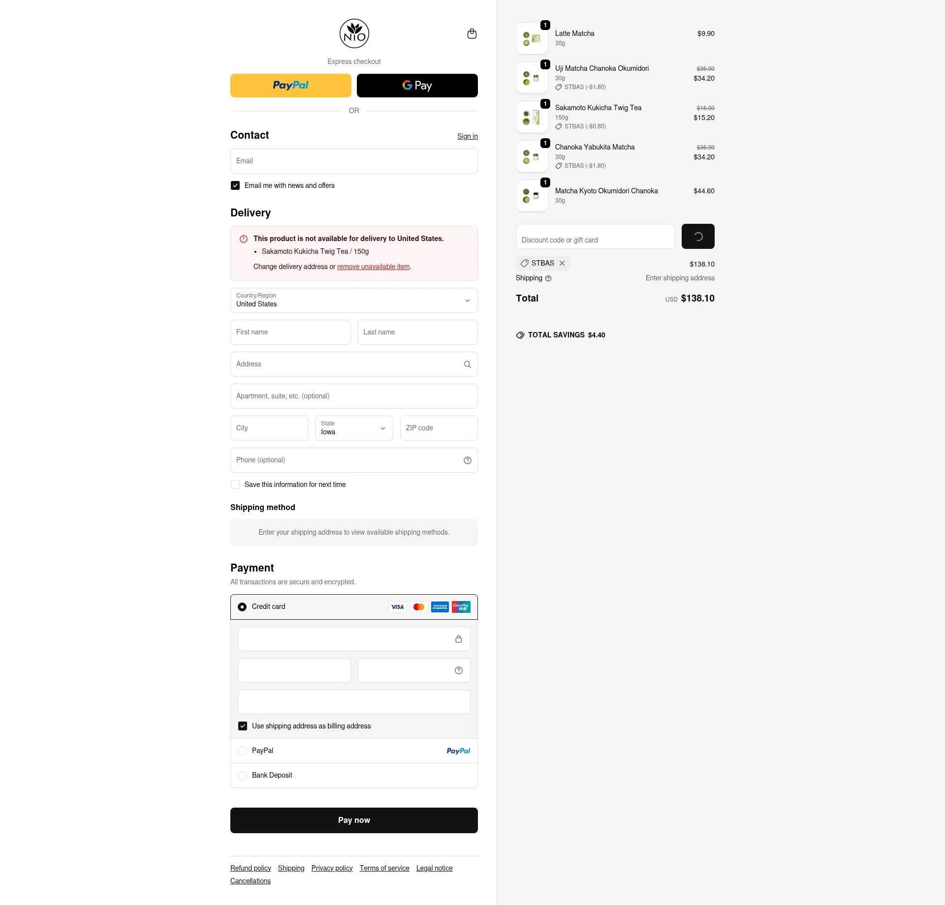 Nio Teas checkout page showing Nio Teas discount code box | Screenshot taken by SimplyCodes community member on Feb 4, 2026