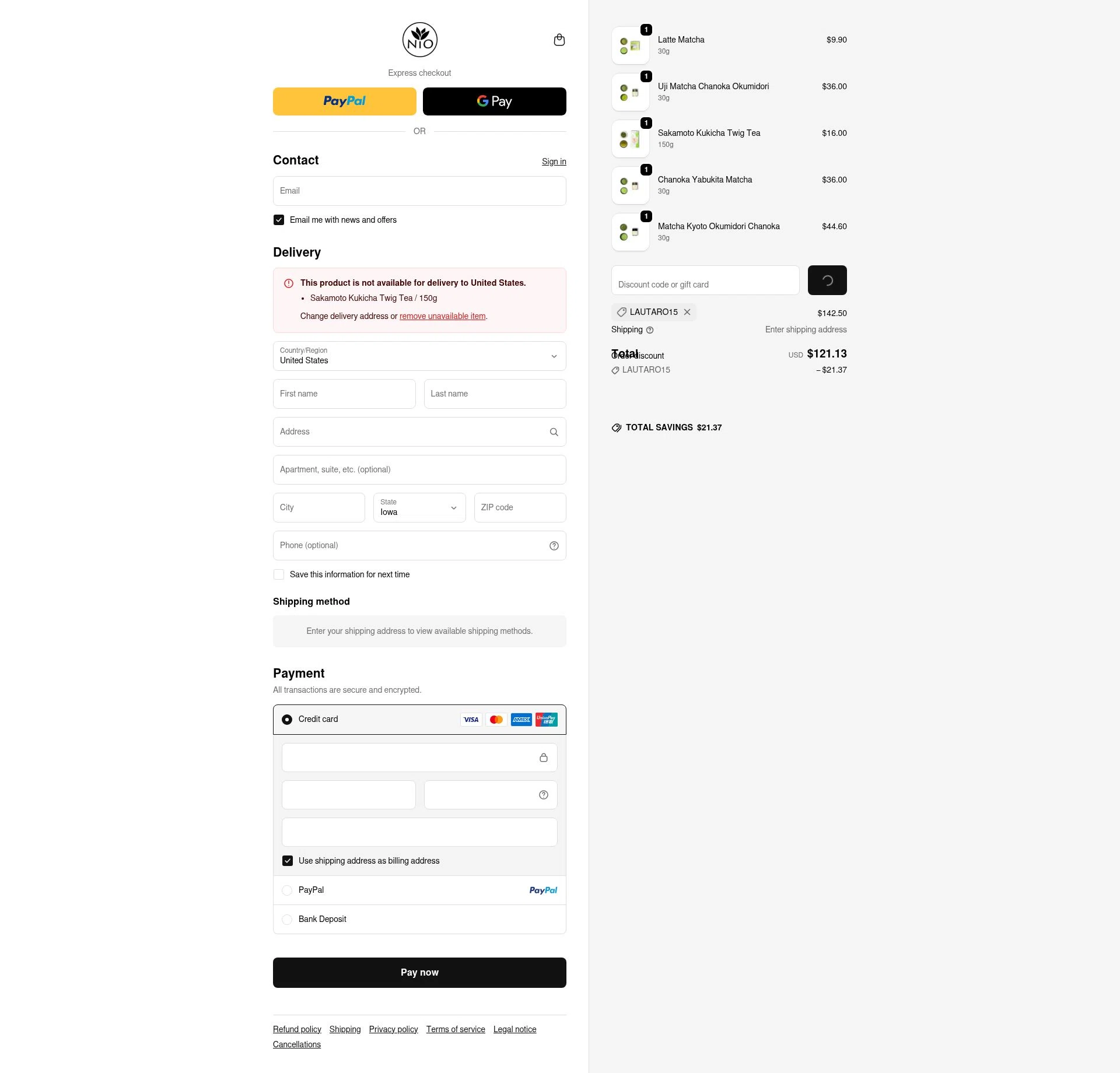 Nio Teas checkout page showing Nio Teas discount code box | Screenshot taken by SimplyCodes community member on Feb 4, 2026
