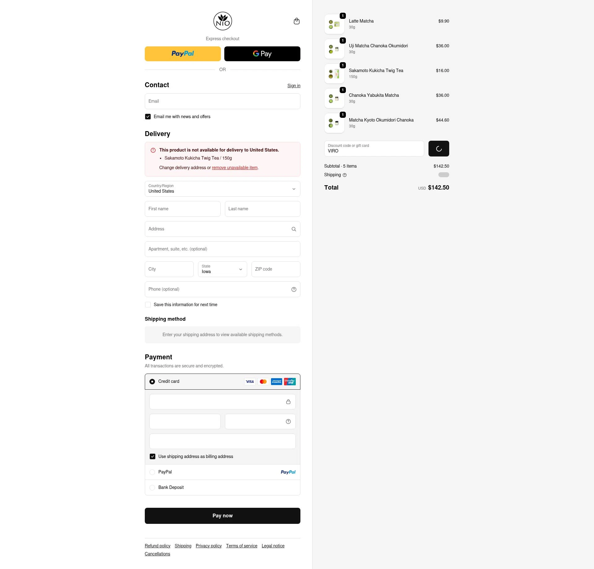 Nio Teas checkout page showing Nio Teas discount code box | Screenshot taken by SimplyCodes community member on Feb 4, 2026