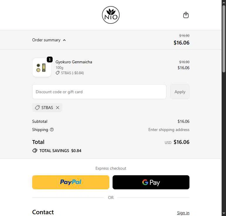 Nio Teas checkout page showing Nio Teas discount code box | Screenshot taken by SimplyCodes community member on Feb 4, 2026