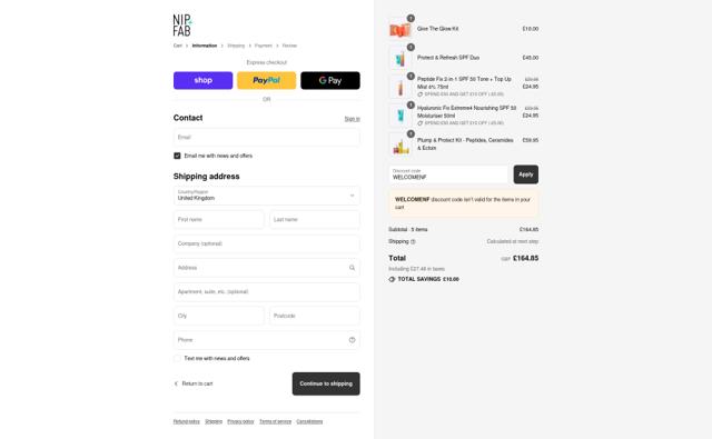 Nip & Fab checkout page showing Nip & Fab promo code box | Screenshot taken by SimplyCodes community member on Sep 12, 2025