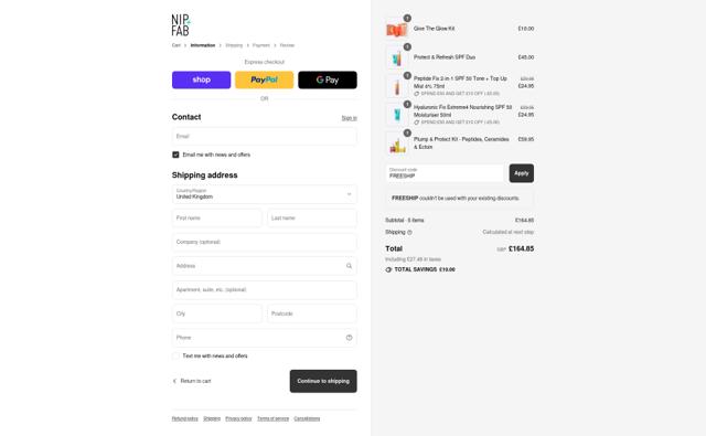 Nip & Fab checkout page showing Nip & Fab promo code box | Screenshot taken by SimplyCodes community member on Sep 12, 2025
