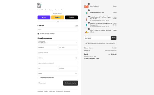 Nip & Fab checkout page showing Nip & Fab promo code box | Screenshot taken by SimplyCodes community member on Sep 8, 2025