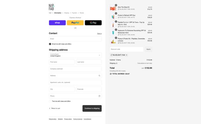 Nip & Fab checkout page showing Nip & Fab promo code box | Screenshot taken by SimplyCodes community member on Sep 9, 2025