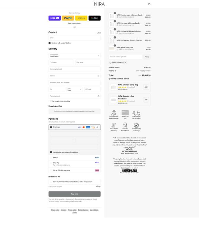 Nira checkout page showing Nira discount code box | Screenshot taken by SimplyCodes community member on Aug 21, 2025