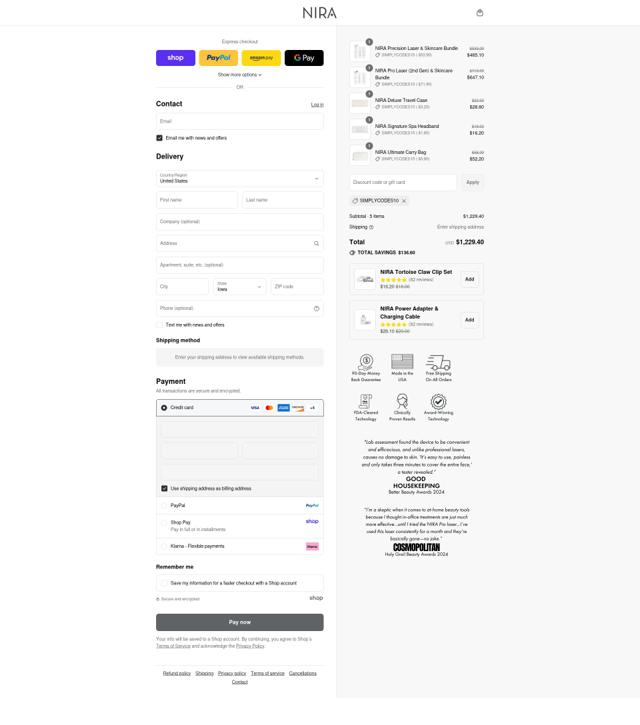 Nira checkout page showing Nira discount code box | Screenshot taken by SimplyCodes community member on Aug 29, 2025