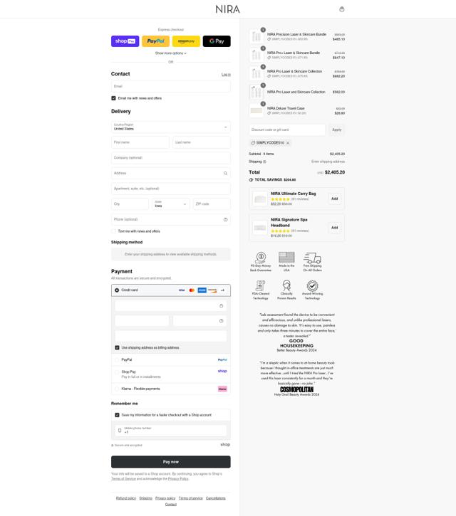 Nira checkout page showing Nira discount code box | Screenshot taken by SimplyCodes community member on Aug 15, 2025