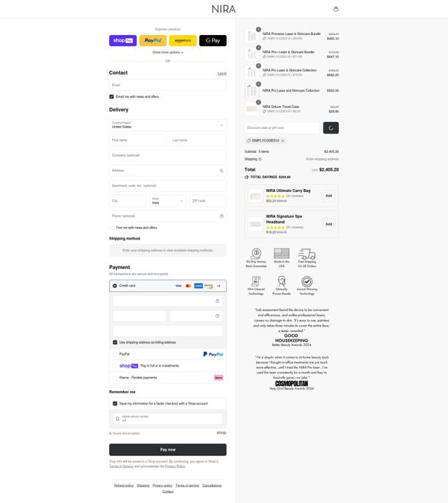Nira checkout page showing Nira discount code box | Screenshot taken by SimplyCodes community member on Aug 8, 2025