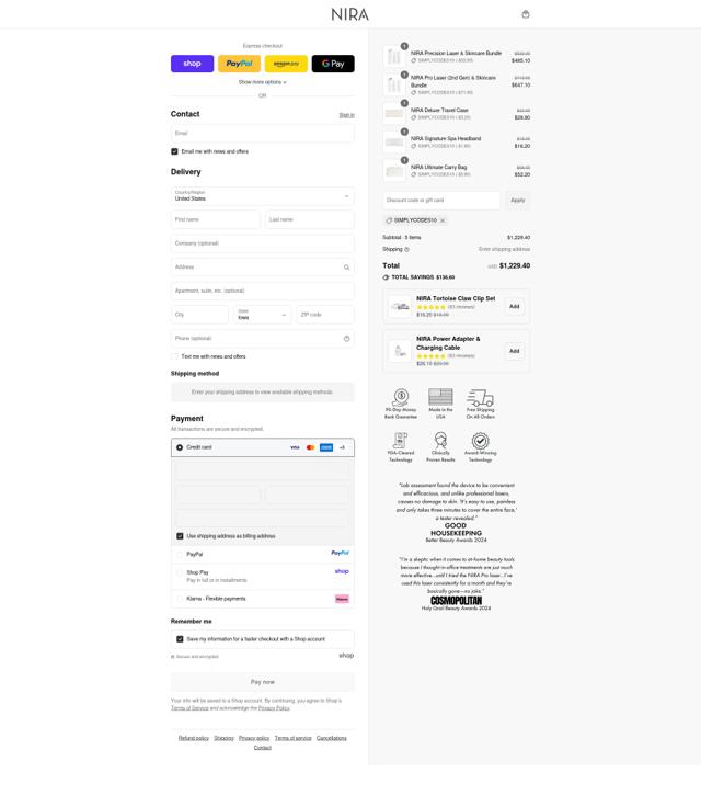 Nira checkout page showing Nira discount code box | Screenshot taken by SimplyCodes community member on Sep 11, 2025
