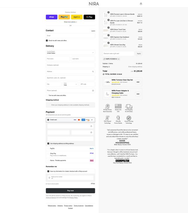 Nira checkout page showing Nira discount code box | Screenshot taken by SimplyCodes community member on Sep 7, 2025