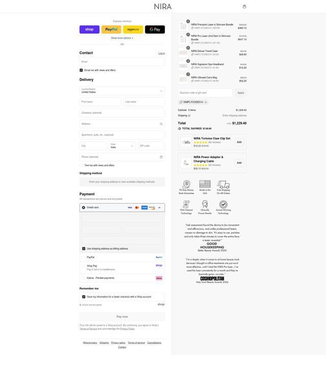 Nira checkout page showing Nira discount code box | Screenshot taken by SimplyCodes community member on Sep 2, 2025