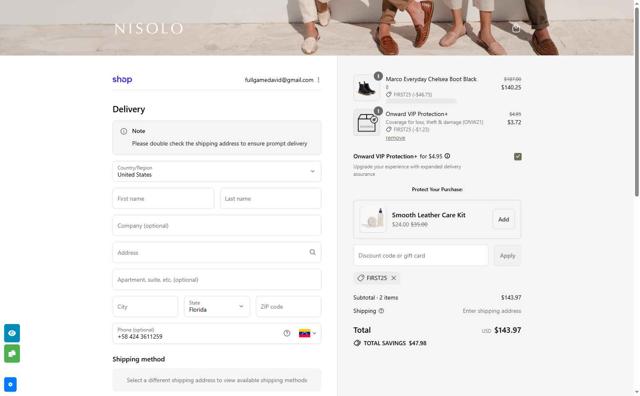 Nisolo checkout page showing Nisolo discount code box | Screenshot taken by SimplyCodes community member on Sep 13, 2025