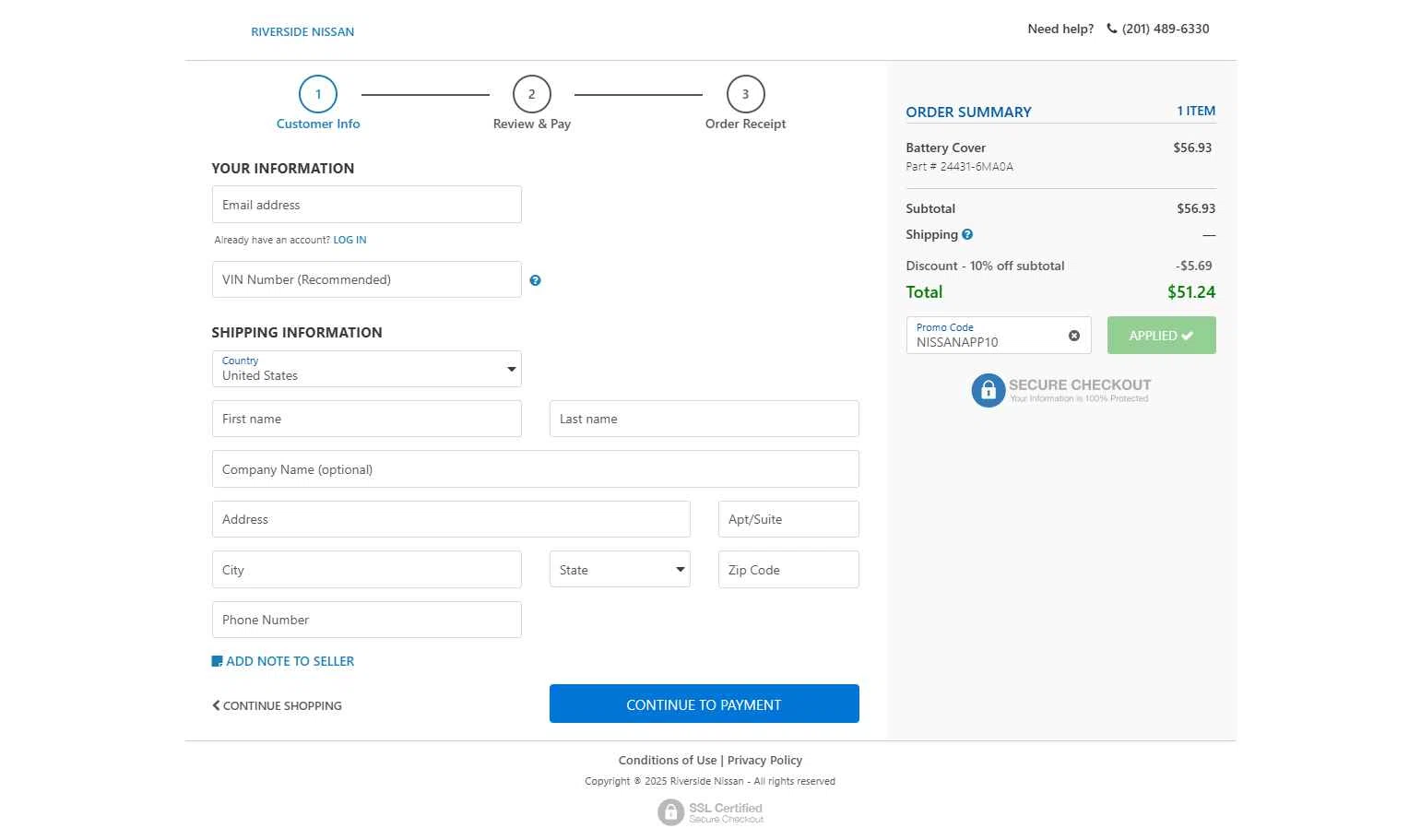 Nissan checkout page showing Nissan promo code box | Screenshot taken by SimplyCodes community member on Sep 3, 2025