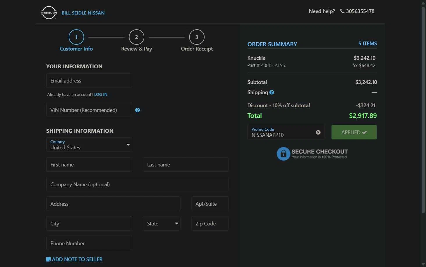 Nissan checkout page showing Nissan promo code box | Screenshot taken by SimplyCodes community member on Jul 8, 2025