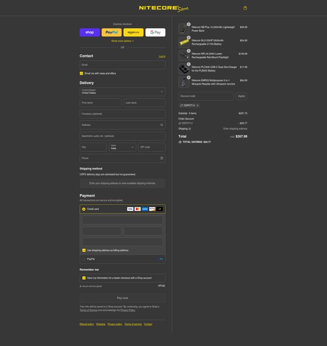 Nitecore Store checkout page showing Nitecore Store discount code box | Screenshot taken by SimplyCodes community member on Sep 6, 2025
