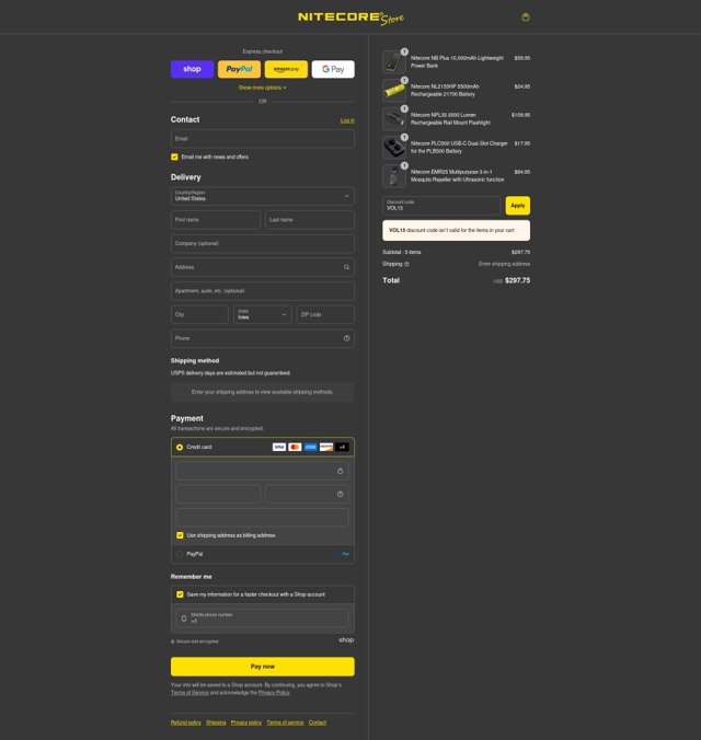 Nitecore Store checkout page showing Nitecore Store discount code box | Screenshot taken by SimplyCodes community member on Sep 6, 2025