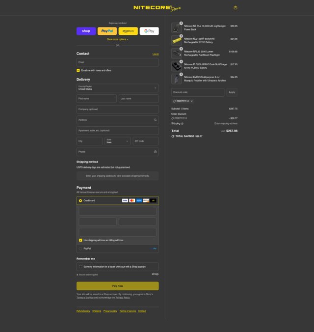 Nitecore Store checkout page showing Nitecore Store discount code box | Screenshot taken by SimplyCodes community member on Sep 6, 2025