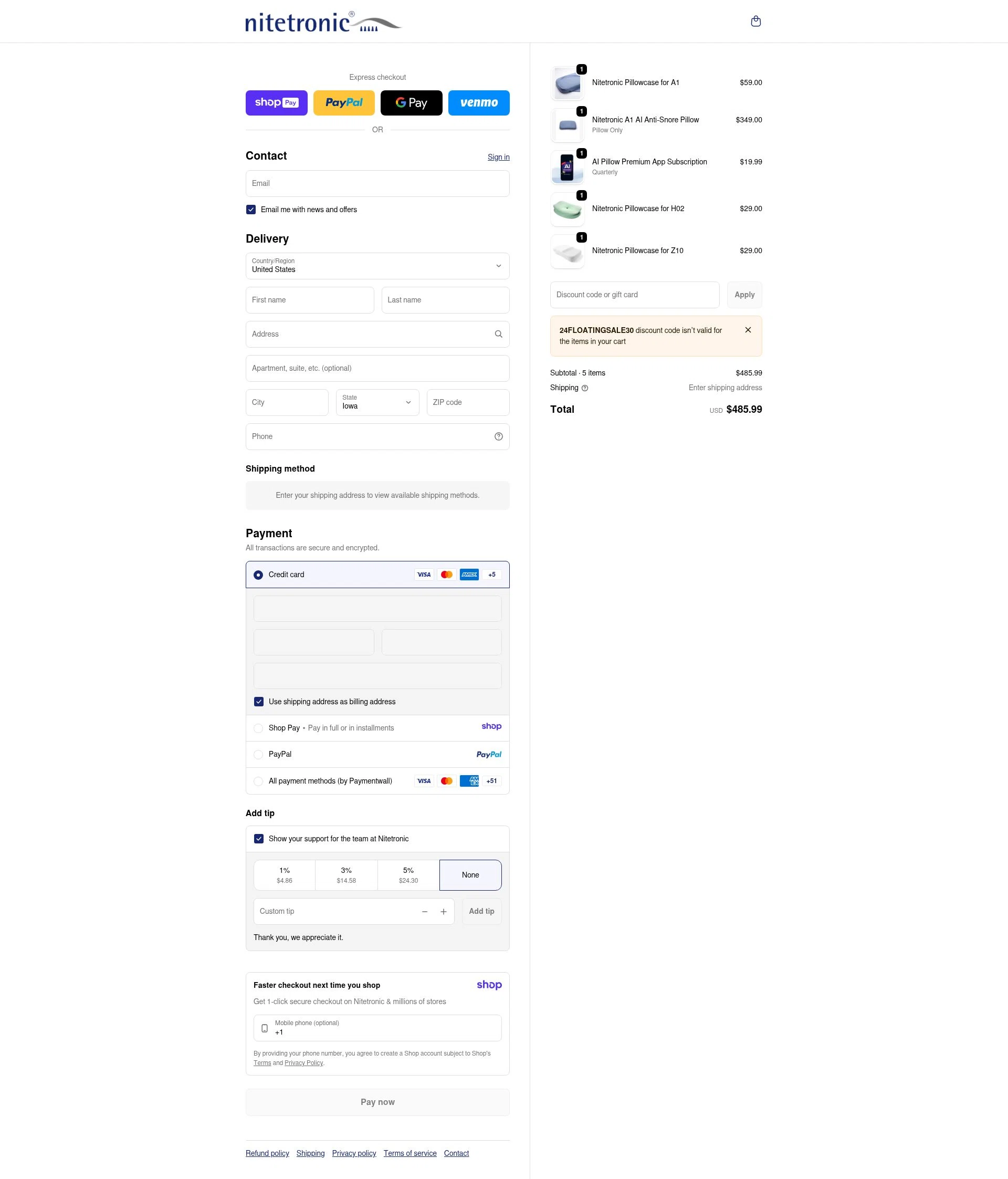 Nitetronic checkout page showing Nitetronic promo code box | Screenshot taken by SimplyCodes community member on Jan 10, 2026