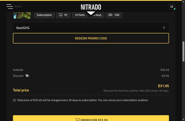 Nitrado checkout page showing Nitrado promo code box | Screenshot taken by SimplyCodes community member on Sep 4, 2025