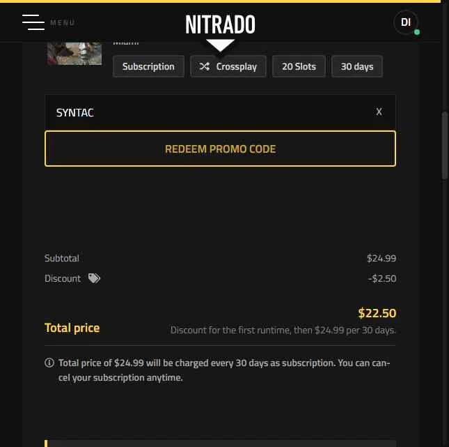 Nitrado checkout page showing Nitrado promo code box | Screenshot taken by SimplyCodes community member on Jan 14, 2026