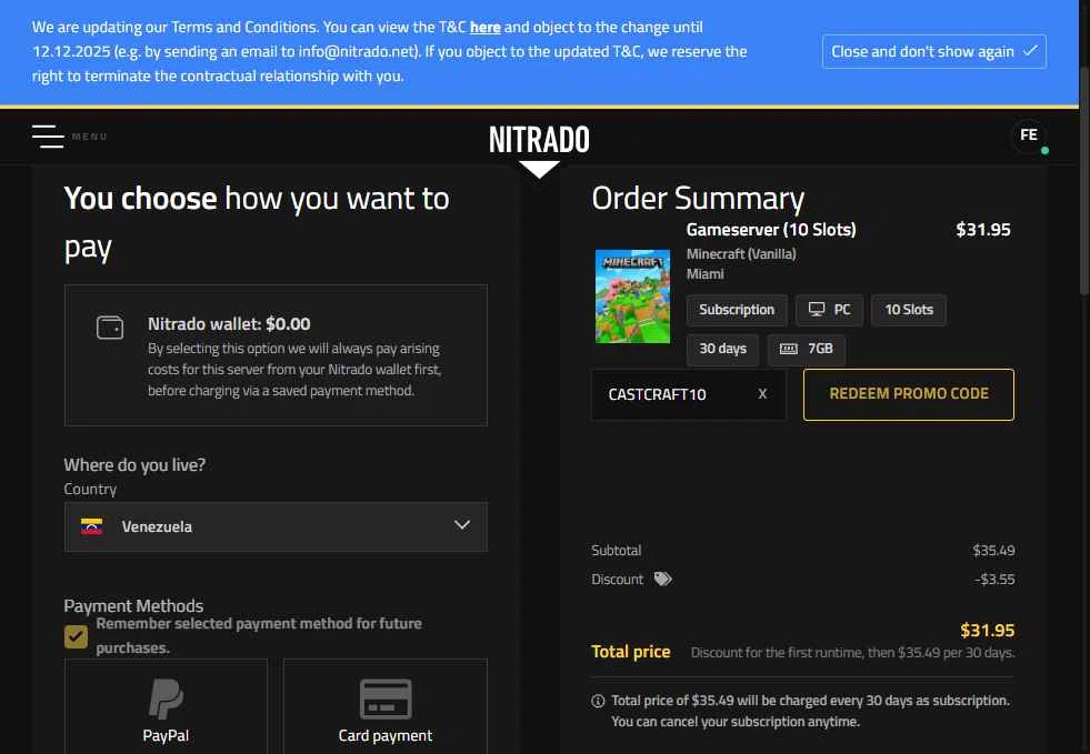 Nitrado checkout page showing Nitrado promo code box | Screenshot taken by SimplyCodes community member on Nov 18, 2025