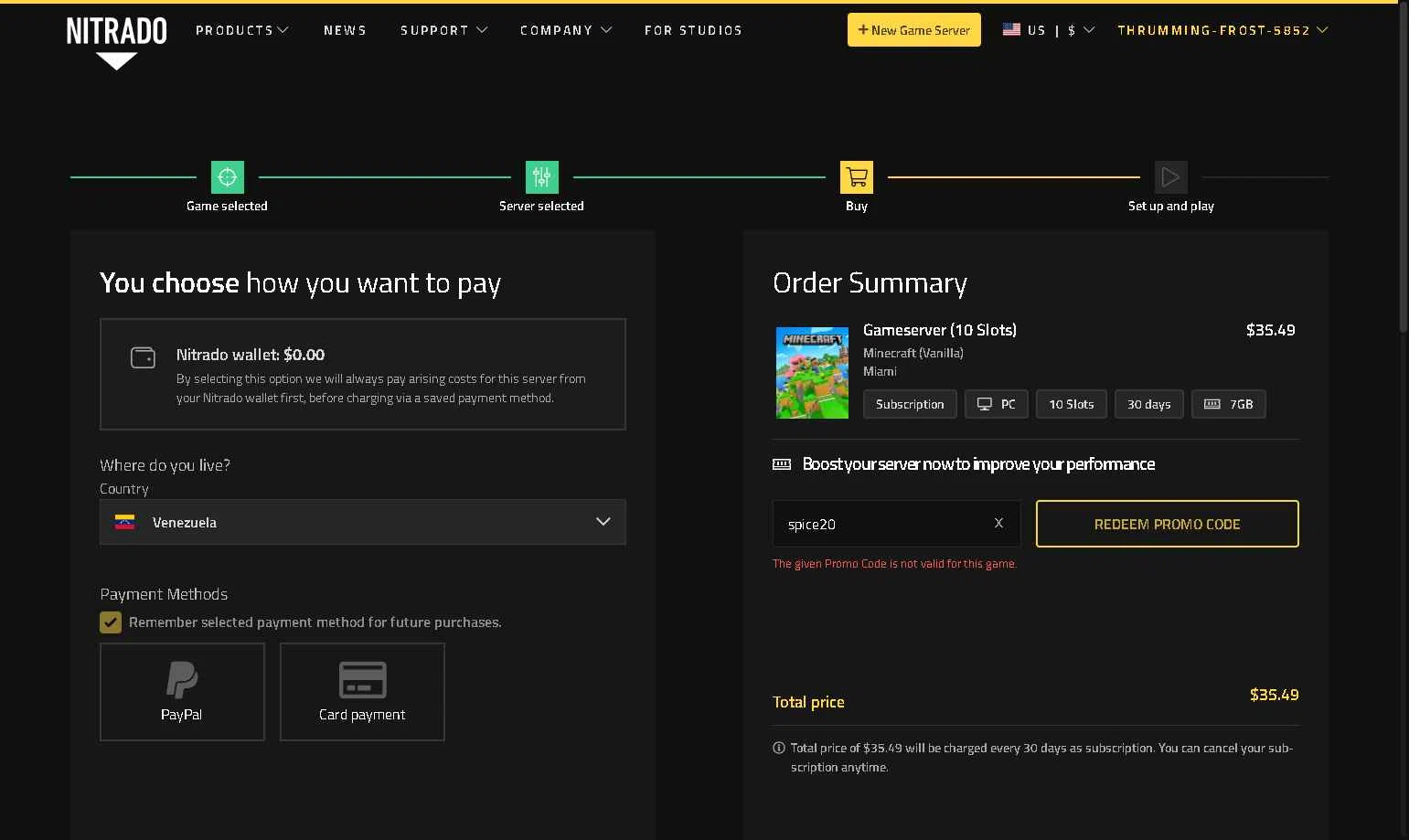 Nitrado checkout page showing Nitrado promo code box | Screenshot taken by SimplyCodes community member on Feb 10, 2026