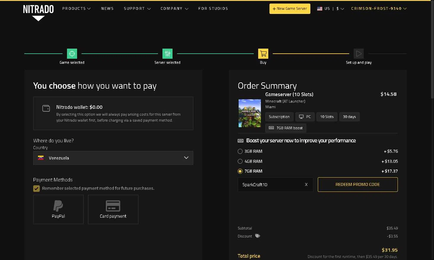 Nitrado checkout page showing Nitrado promo code box | Screenshot taken by SimplyCodes community member on Dec 12, 2025
