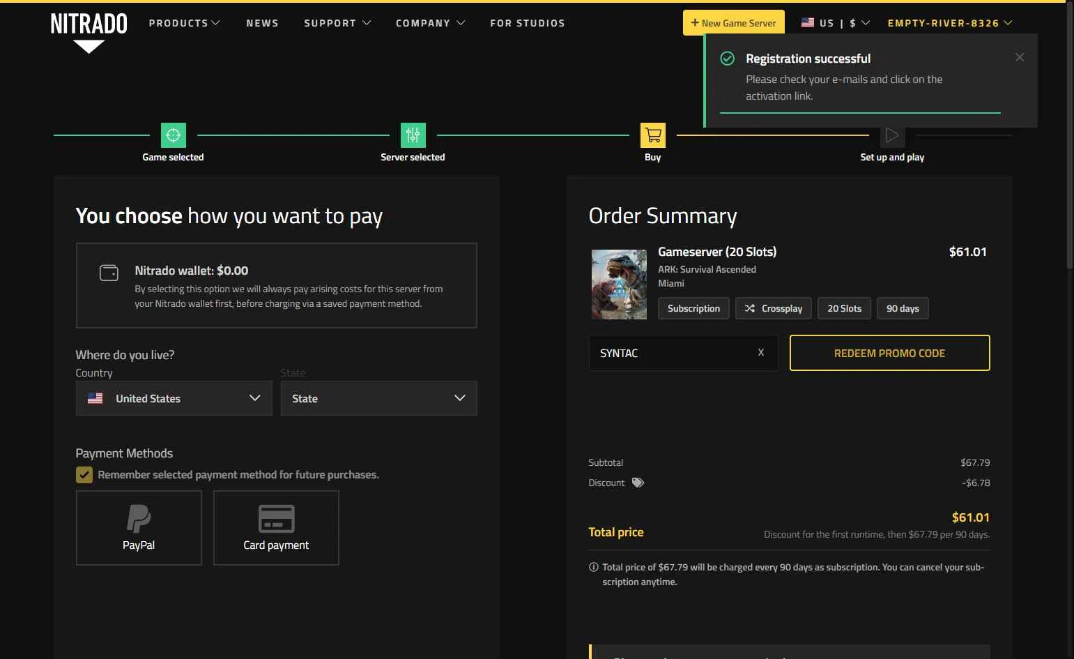 Nitrado checkout page showing Nitrado promo code box | Screenshot taken by SimplyCodes community member on Feb 4, 2026