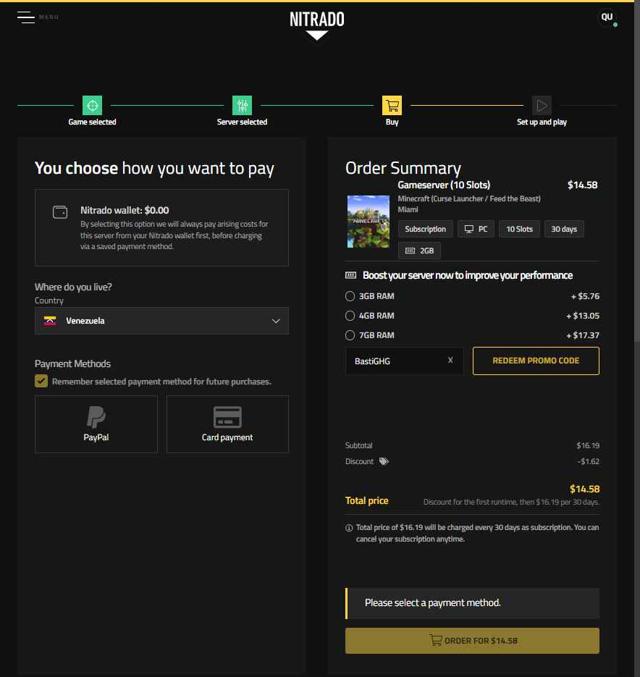 Nitrado checkout page showing Nitrado promo code box | Screenshot taken by SimplyCodes community member on Sep 1, 2025