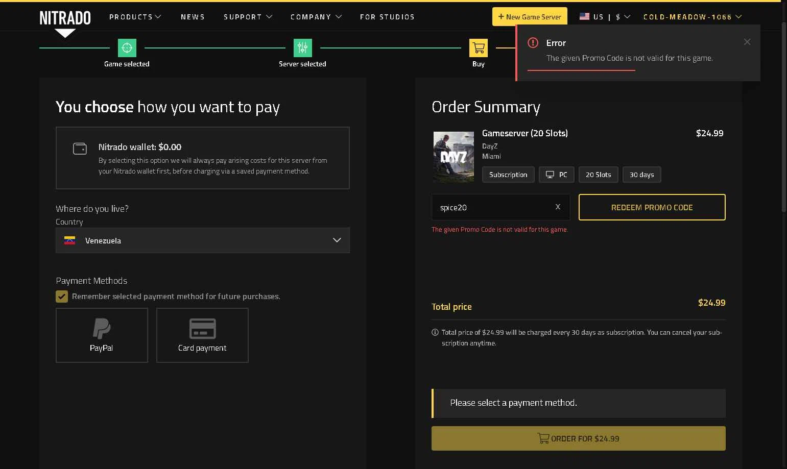 Nitrado checkout page showing Nitrado promo code box | Screenshot taken by SimplyCodes community member on Feb 5, 2026