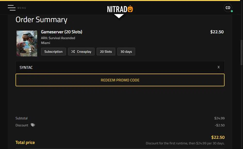 Nitrado checkout page showing Nitrado promo code box | Screenshot taken by SimplyCodes community member on Nov 2, 2025