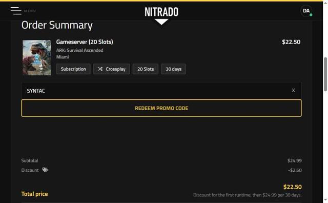 Nitrado checkout page showing Nitrado promo code box | Screenshot taken by SimplyCodes community member on Aug 26, 2025