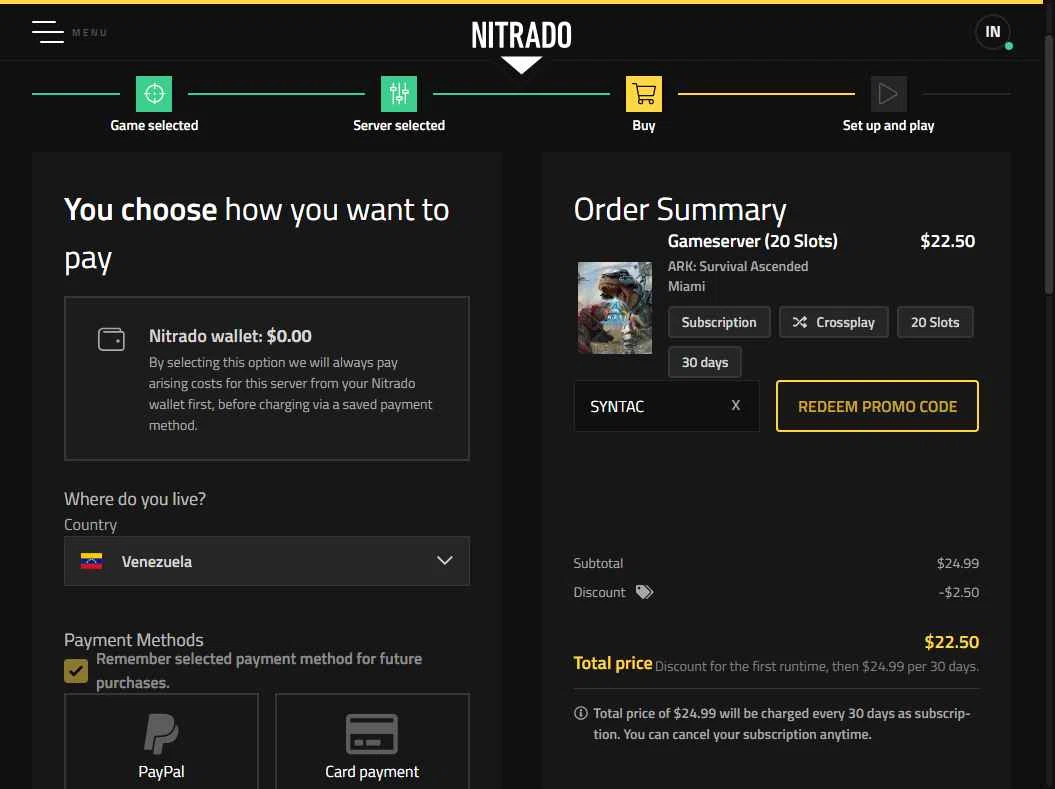 Nitrado checkout page showing Nitrado promo code box | Screenshot taken by SimplyCodes community member on Dec 20, 2025