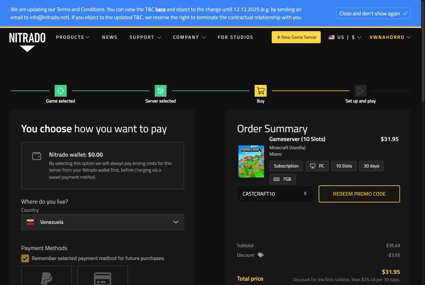 Nitrado checkout page showing Nitrado promo code box | Screenshot taken by SimplyCodes community member on Nov 7, 2025