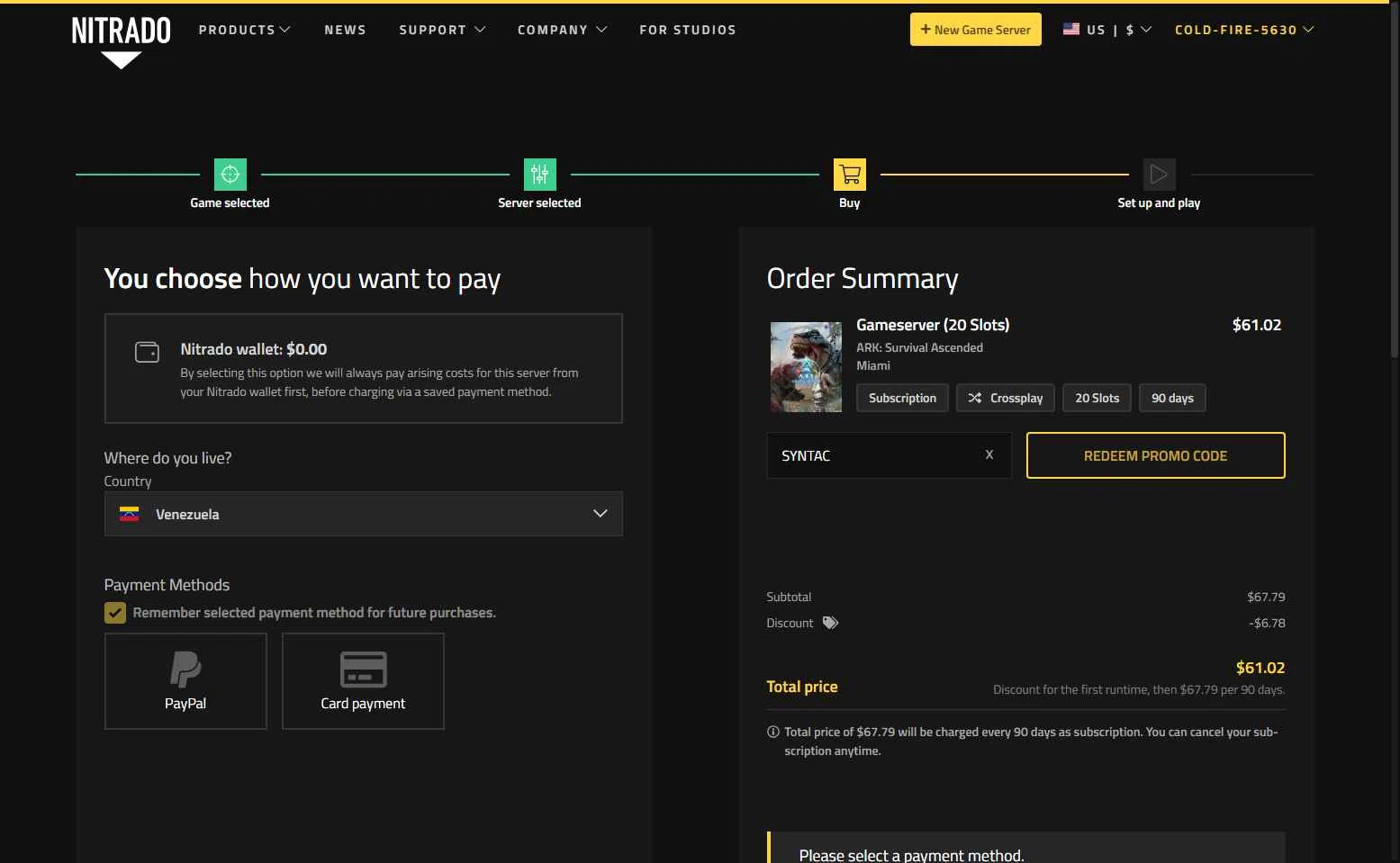 Nitrado checkout page showing Nitrado promo code box | Screenshot taken by SimplyCodes community member on Jan 16, 2026