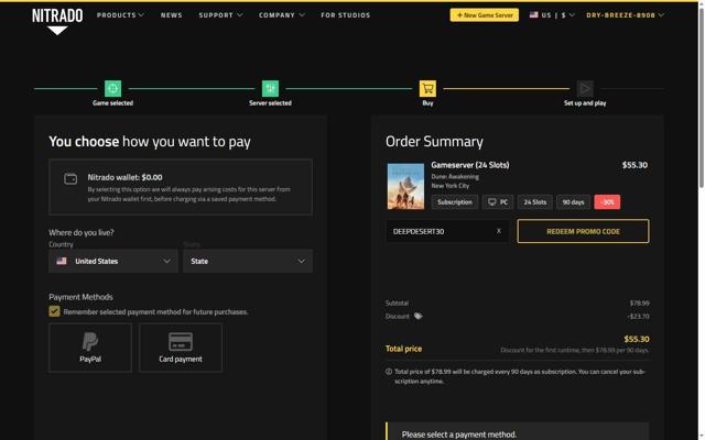 Nitrado checkout page showing Nitrado promo code box | Screenshot taken by SimplyCodes community member on Sep 11, 2025