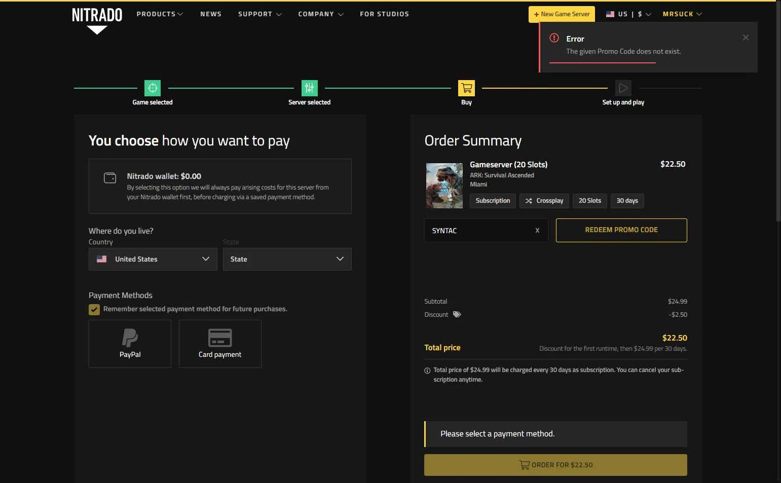 Nitrado checkout page showing Nitrado promo code box | Screenshot taken by SimplyCodes community member on Dec 22, 2025