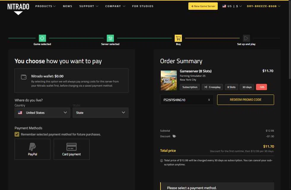 Nitrado checkout page showing Nitrado promo code box | Screenshot taken by SimplyCodes community member on Nov 7, 2025