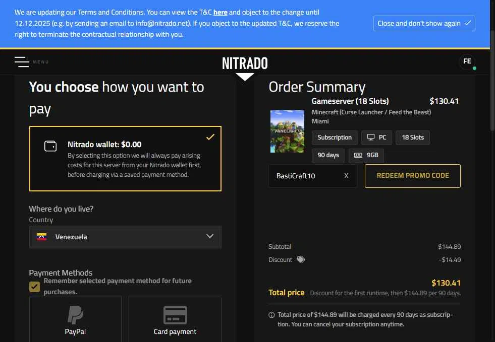 Nitrado checkout page showing Nitrado promo code box | Screenshot taken by SimplyCodes community member on Nov 18, 2025